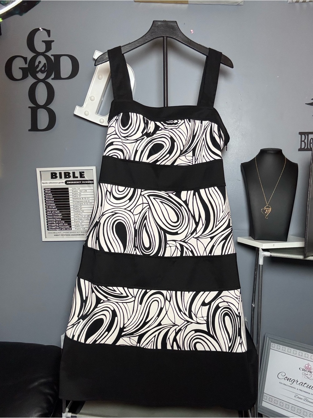 dressbarn Black and White Swirl Midi Dress